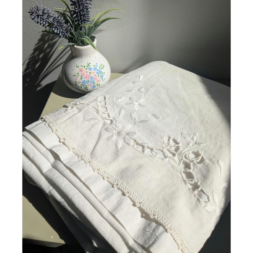 Vintage White Linen Tablecloth Crochet Lace Embroidery Farmhouse 80 x 68